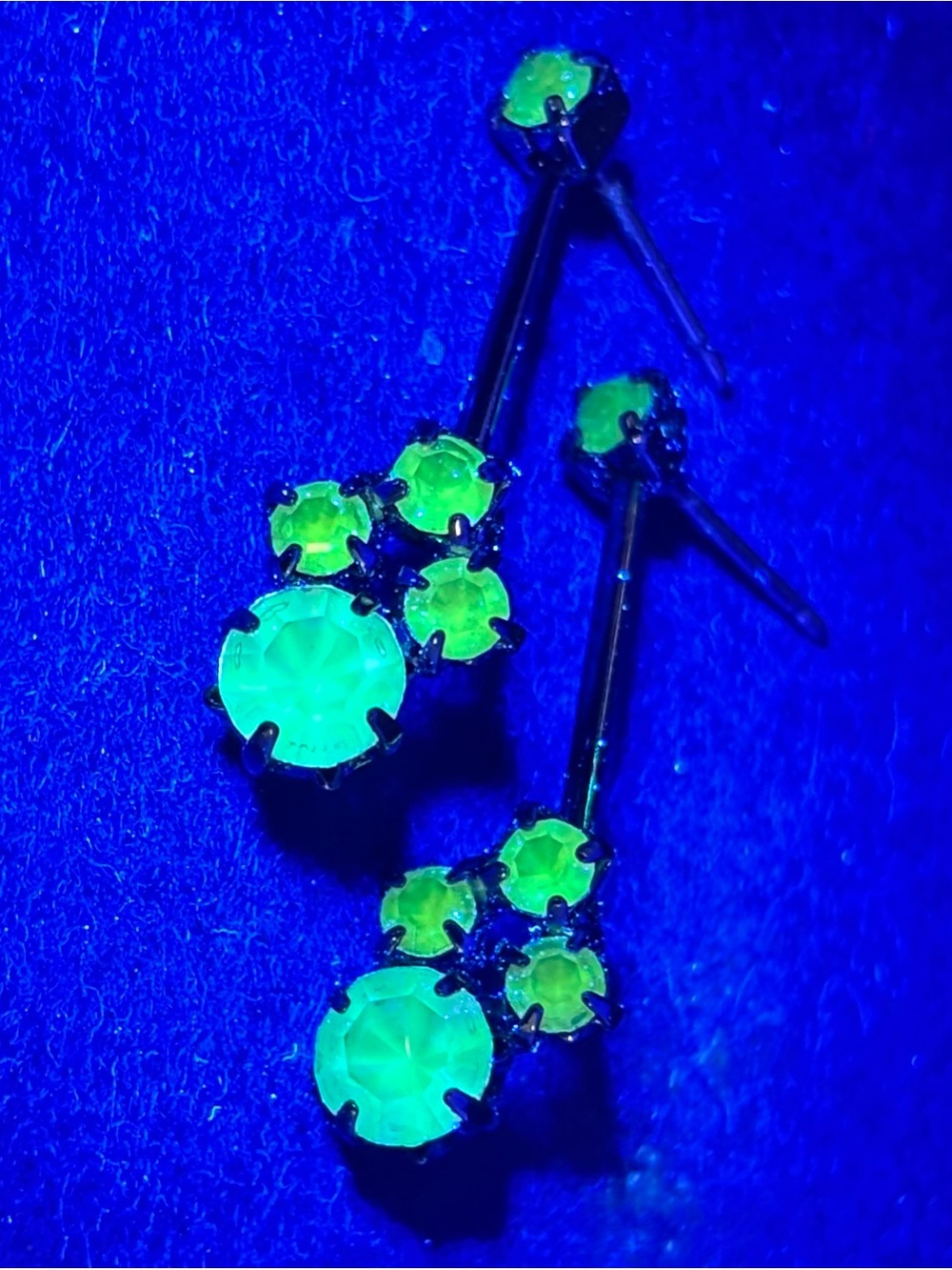 Uranium Glass Rhinestone Drop Earrings UV Reactive Purple Magenta Gunmetal 1”
